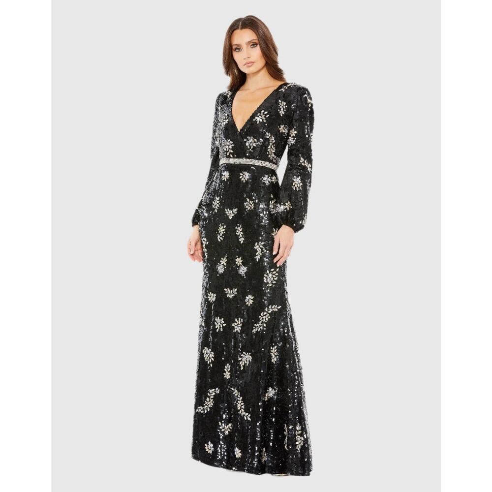 Mac Duggal 93616 Black Size 18 Embellished Wrap Over Gown Bishop Sleeve NWT$1598